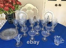 TIFFIN -FRANCISCAN -Etched Crystal Set Of Glasses And Plates. Total 24 Pieces