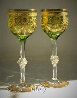 TWO Antique St. Louis, Green, Gold Encrusted CONGRESS 7.75 Crystal Wine Stems