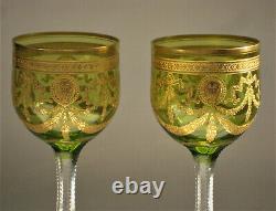 TWO Antique St. Louis, Green, Gold Encrusted CONGRESS 7.75 Crystal Wine Stems