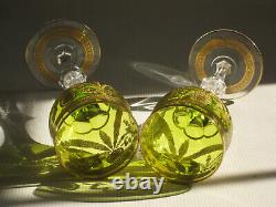 TWO Antique St. Louis, Green, Gold Encrusted CONGRESS 7.75 Crystal Wine Stems