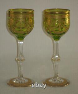 TWO Antique St. Louis, Green, Gold Encrusted CONGRESS 7.75 Crystal Wine Stems