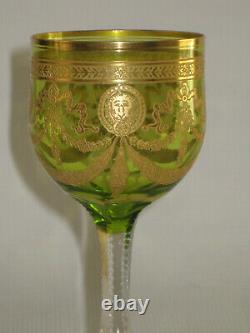 TWO Antique St. Louis, Green, Gold Encrusted CONGRESS 7.75 Crystal Wine Stems