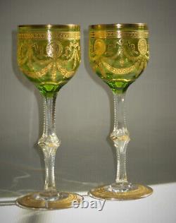 TWO Antique St. Louis, Green, Gold Encrusted CONGRESS 7.75 Crystal Wine Stems