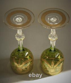 TWO Antique St. Louis, Green, Gold Encrusted CONGRESS 7.75 Crystal Wine Stems