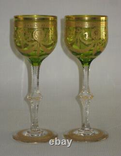 TWO Antique St. Louis, Green, Gold Encrusted CONGRESS 7.75 Crystal Wine Stems