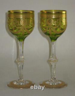 TWO Antique St. Louis, Green, Gold Encrusted CONGRESS 7.75 Crystal Wine Stems