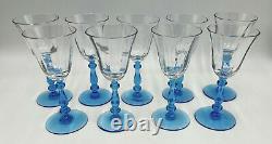 Tiffin Glass CRYSTAL & ELECTRIC BLUE #15001 WINE GOBLETS Set of 9 (277N)