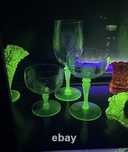 Tiffin Psyche Uranium Glass & Crystal Wine Glasses 1926-1930 (3)