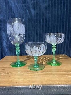 Tiffin Psyche Uranium Glass & Crystal Wine Glasses 1926-1930 (3)