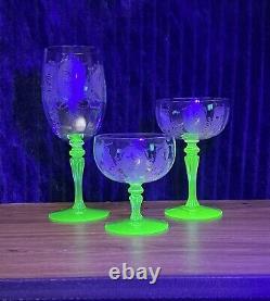 Tiffin Psyche Uranium Glass & Crystal Wine Glasses 1926-1930 (3)