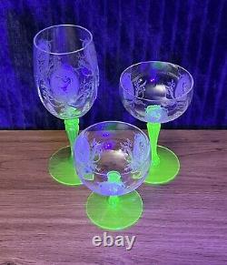 Tiffin Psyche Uranium Glass & Crystal Wine Glasses 1926-1930 (3)