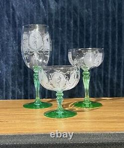 Tiffin Psyche Uranium Glass & Crystal Wine Glasses 1926-1930 (3)