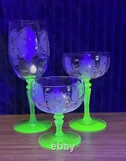 Tiffin Psyche Uranium Glass & Crystal Wine Glasses 1926-1930 (3)