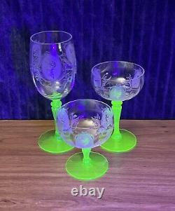 Tiffin Psyche Uranium Glass & Crystal Wine Glasses 1926-1930 (3)