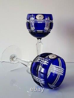 Two Ajka Cobalt Blue Wine Glasses, New, Signed, Ralph Lauren glen plaid design