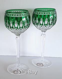 Two Ajka Crystal Design Waterford Clarendon Emerald Green Wine Hock Glasses, New
