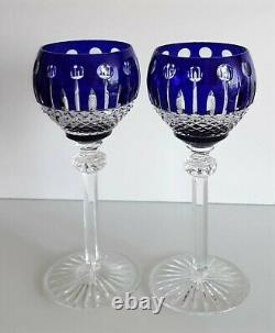 Two Ajka Xenia King Louis Cobalt Blue Cased Cut To Clear Wine Hocks / Goblets