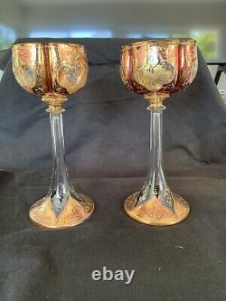 Two Antique Moser 8 Tall Wine Stems from late 1800s Beautiful Gilt & Cranberry