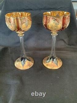 Two Antique Moser 8 Tall Wine Stems from late 1800s Beautiful Gilt & Cranberry