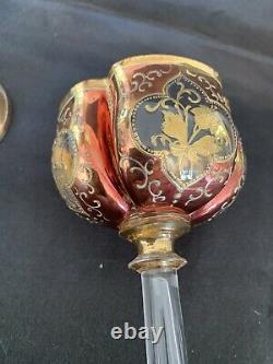 Two Antique Moser 8 Tall Wine Stems from late 1800s Beautiful Gilt & Cranberry