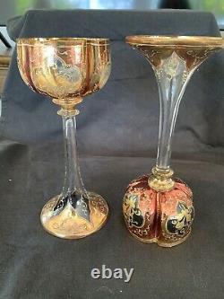 Two Antique Moser 8 Tall Wine Stems from late 1800s Beautiful Gilt & Cranberry