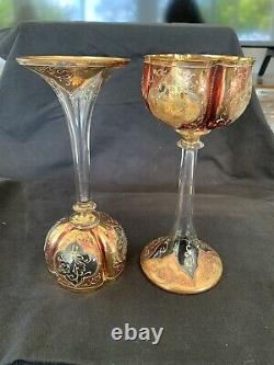 Two Antique Moser 8 Tall Wine Stems from late 1800s Beautiful Gilt & Cranberry