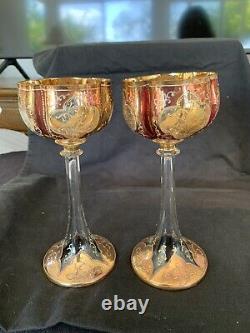 Two Antique Moser 8 Tall Wine Stems from late 1800s Beautiful Gilt & Cranberry