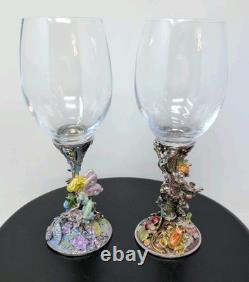 Two Magical Kirks Folly Fairies Frog Wine Goblet Glass Jeweled Stones Rare 8.25