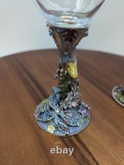 Two Magical Kirks Folly Fairies Frog Wine Goblet Glass Jeweled Stones Rare 8.25
