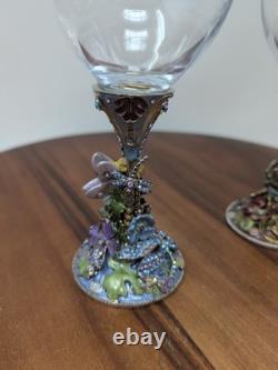 Two Magical Kirks Folly Fairies Frog Wine Goblet Glass Jeweled Stones Rare 8.25