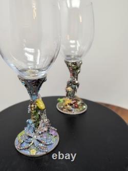 Two Magical Kirks Folly Fairies Frog Wine Goblet Glass Jeweled Stones Rare 8.25