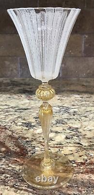 Two Venetian Murano Italy White Reticello 24k Gold Fleck Stem Foot Wine 8 1/8t