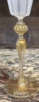 Two Venetian Murano Italy White Reticello 24k Gold Fleck Stem Foot Wine 8 1/8t