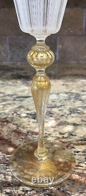 Two Venetian Murano Italy White Reticello 24k Gold Fleck Stem Foot Wine 8 1/8t