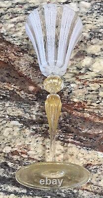 Two Venetian Murano Italy White Reticello 24k Gold Fleck Stem Foot Wine 8 1/8t