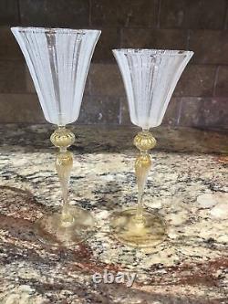 Two Venetian Murano Italy White Reticello 24k Gold Fleck Stem Foot Wine 8 1/8t