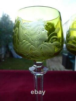 VERY RARE PAIR Art Nouveau period BACCARAT Crystal Rhine Hock Wine glasses Woman