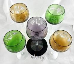 VINTAGE BOHEMIAN CUT-TO-CLEAR MULTICOLOR Crystal WINE GLASSES 8 SET OF 5
