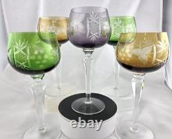 VINTAGE BOHEMIAN CUT-TO-CLEAR MULTICOLOR Crystal WINE GLASSES 8 SET OF 5