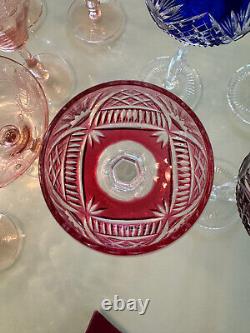 VINTAGE BOHEMIAN CUT-TO-CLEAR MULTICOLOR Crystal WINE GLASSES SET OF 6
