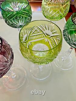 VINTAGE BOHEMIAN CUT-TO-CLEAR MULTICOLOR Crystal WINE GLASSES SET OF 6