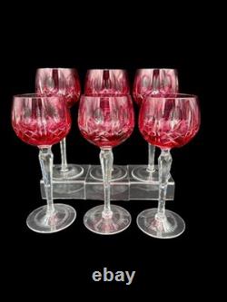 VTG Cranberry Ruby Cut to Clear Crystal Hock Cordial Wine Glasses Bohemian Set 6