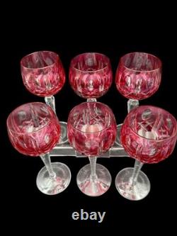 VTG Cranberry Ruby Cut to Clear Crystal Hock Cordial Wine Glasses Bohemian Set 6