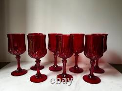 VTG SET 8 RUBY RED WINE WATER GOBLETS glasses RED STEM BASE D'Arques Crystal