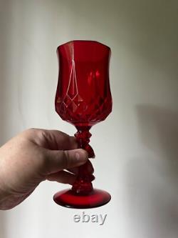 VTG SET 8 RUBY RED WINE WATER GOBLETS glasses RED STEM BASE D'Arques Crystal