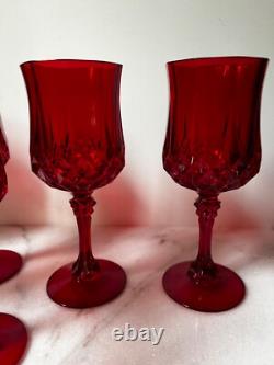 VTG SET 8 RUBY RED WINE WATER GOBLETS glasses RED STEM BASE D'Arques Crystal