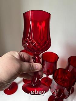 VTG SET 8 RUBY RED WINE WATER GOBLETS glasses RED STEM BASE D'Arques Crystal
