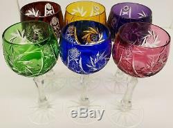 VTG SET SIX COLORED BOHEMIAN CZECH WINE GLASS/GOBLETSCUT TO CLEAR2 With1 CHIP EA
