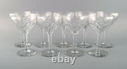 Val St. Lambert, Belgium. Nine red wine glasses in clear crystal glass