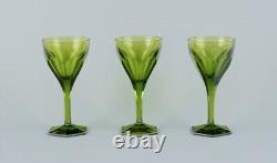 Val St. Lambert, Belgium. Three green Legagneux white wine crystal glasses